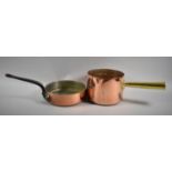 One French Copper Frying Pan with Iron Handle and a Copper Saucepan with Brass Handle
