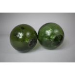 Two Hand Blown Green Glass Fishing Floats