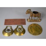 A Collection of Copper and Brass to Include Donkey Match Holder, Two Horse Brass, Eagle Circular