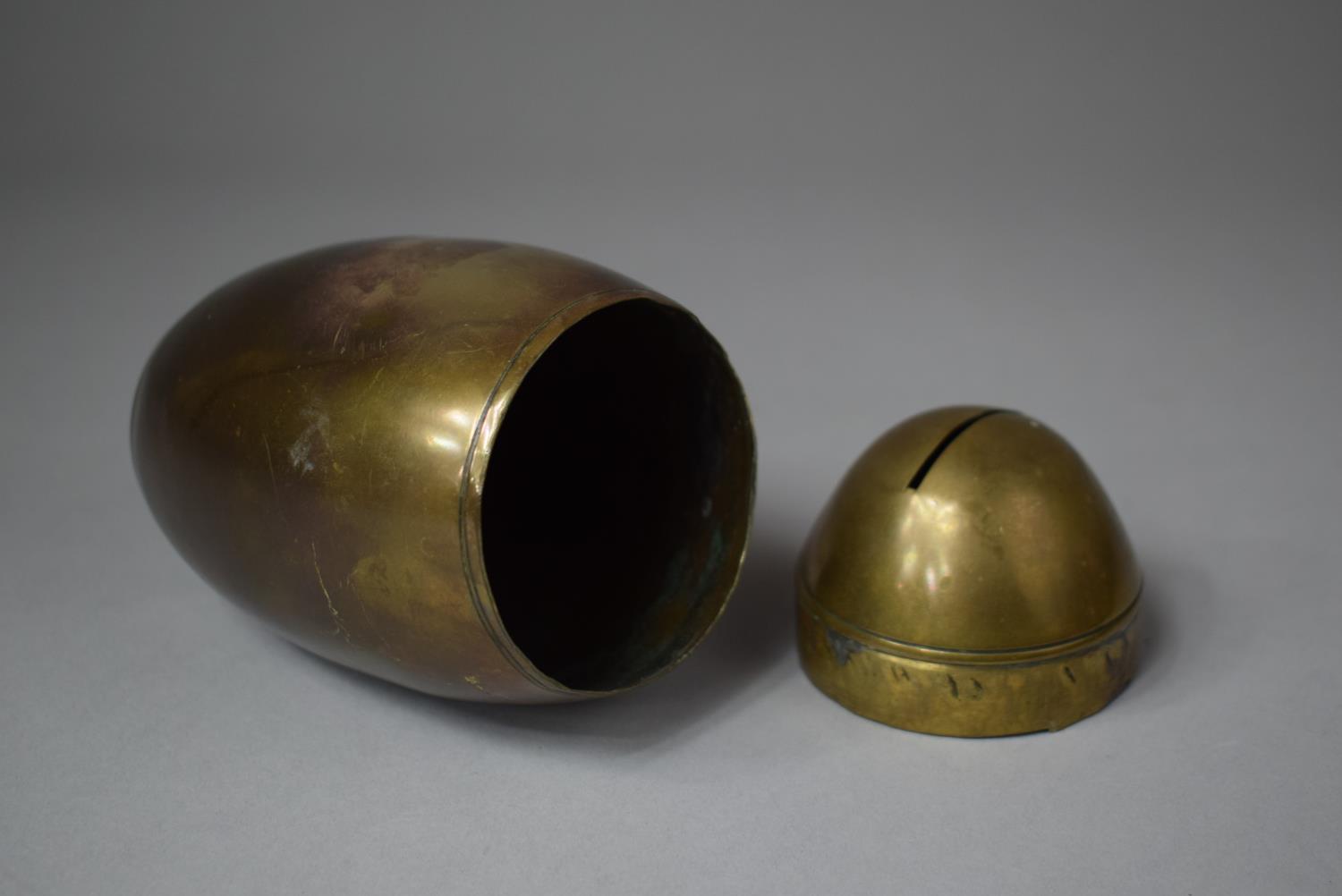A Brass Trench Art Style Ovoid Money Box with Removable Lid, 14cm High - Image 3 of 3
