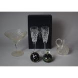 A Pair of Boxed Stuart Crystal Champagne Flutes, Glass Bowl on Foot, Two Paperweights and a Small