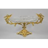 A Continental Gilt Metal and Cut Glass Table Centre Bowl with Stylised Swan Handles, Art Nouveau