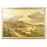 A Framed Oil on Canvas Depicting Lake Scene with Figures and Cattle, Some Repairs and Small Tear,