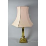 A Modern Brass Ribbed Column Table Lamp on Stepped Square Plinth, Complete with Shade, 74cm Total