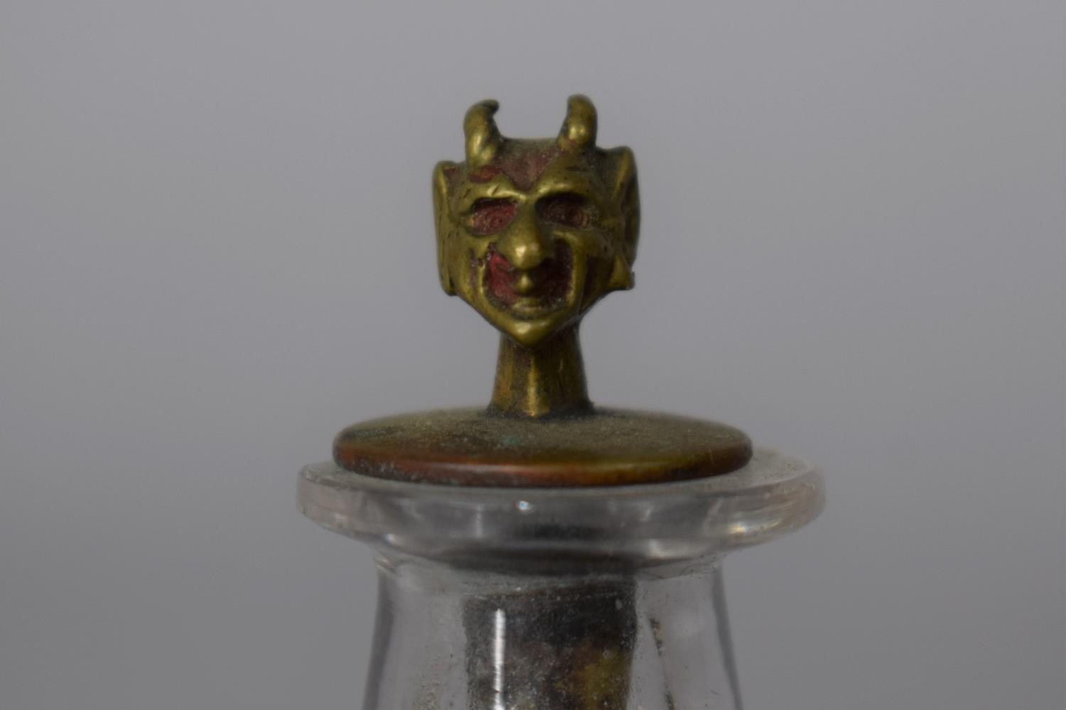 A Small Glass Opium/Snuff Bottle Flask Having Novelty Brass Spoon with Devil's Head Finial, 8cm - Image 3 of 6