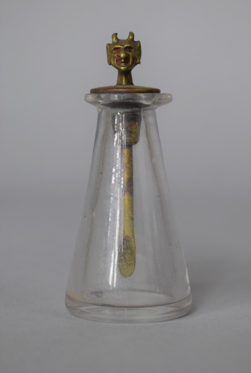 A Small Glass Opium/Snuff Bottle Flask Having Novelty Brass Spoon with Devil's Head Finial, 8cm - Image 2 of 6