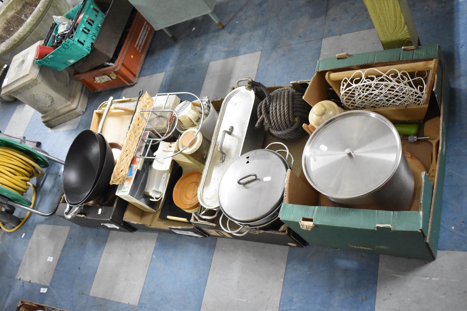 For Boxes of Kitchen Wares to Inlcude Wok, Salmon Kettle, Saucepans, Treenwares, Food Mixer etc