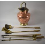 A Brass Mounted Copper Vase Shaped Jug Containing Brass Fire Irons, Jug 37cm High