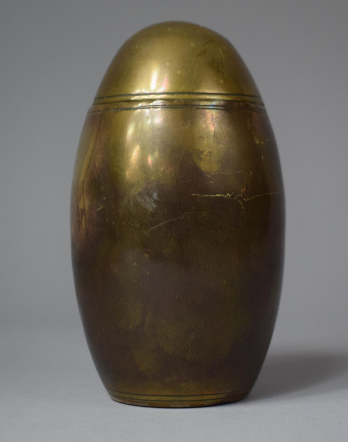 A Brass Trench Art Style Ovoid Money Box with Removable Lid, 14cm High