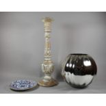 A Carved Limed Wooden Candle Pricket, Mirrored Planter and Decorated Plate