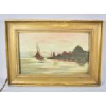 A Gilt Framed Watercolour Depicting Sailing Barges at Sunset, 32x19.5cm