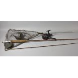 A Vintage Split Cane Trout Rod with Reel Together with Vintage Landing Net and Abu Garcia Cardinal