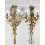 A Pair of Brass Two Branch Wall Hanging Light Fittings with Floral and Ribbon Decoration, Each
