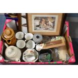 A Box of Sundries to Include Teawares, Coffee Pot, Prints, Dustybin etc