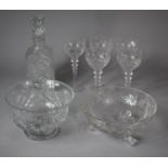 Two Cut Glass Bowls, Five Cut Glass Wines and a Spirit Decanter