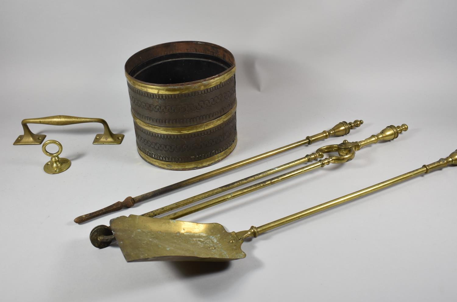 A Set of Three Long Handled Brass Fire Irons, Cylindrical Bucket, Bronze Door Handle etc