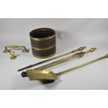 A Set of Three Long Handled Brass Fire Irons, Cylindrical Bucket, Bronze Door Handle etc