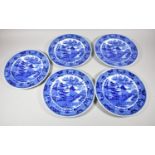 A Set of Five Minton's Flow Blue Willow Pattern Plates with Printed and Impressed Marks to Base