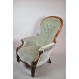 A Victorian Mahogany Framed Buttoned Upholstered Ladies Balloon Back Armchair for Reupholstery and