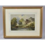 A Small 19th Century Watercolour Depicting Children Beside Pond to the Foreground of Castle Ruin,