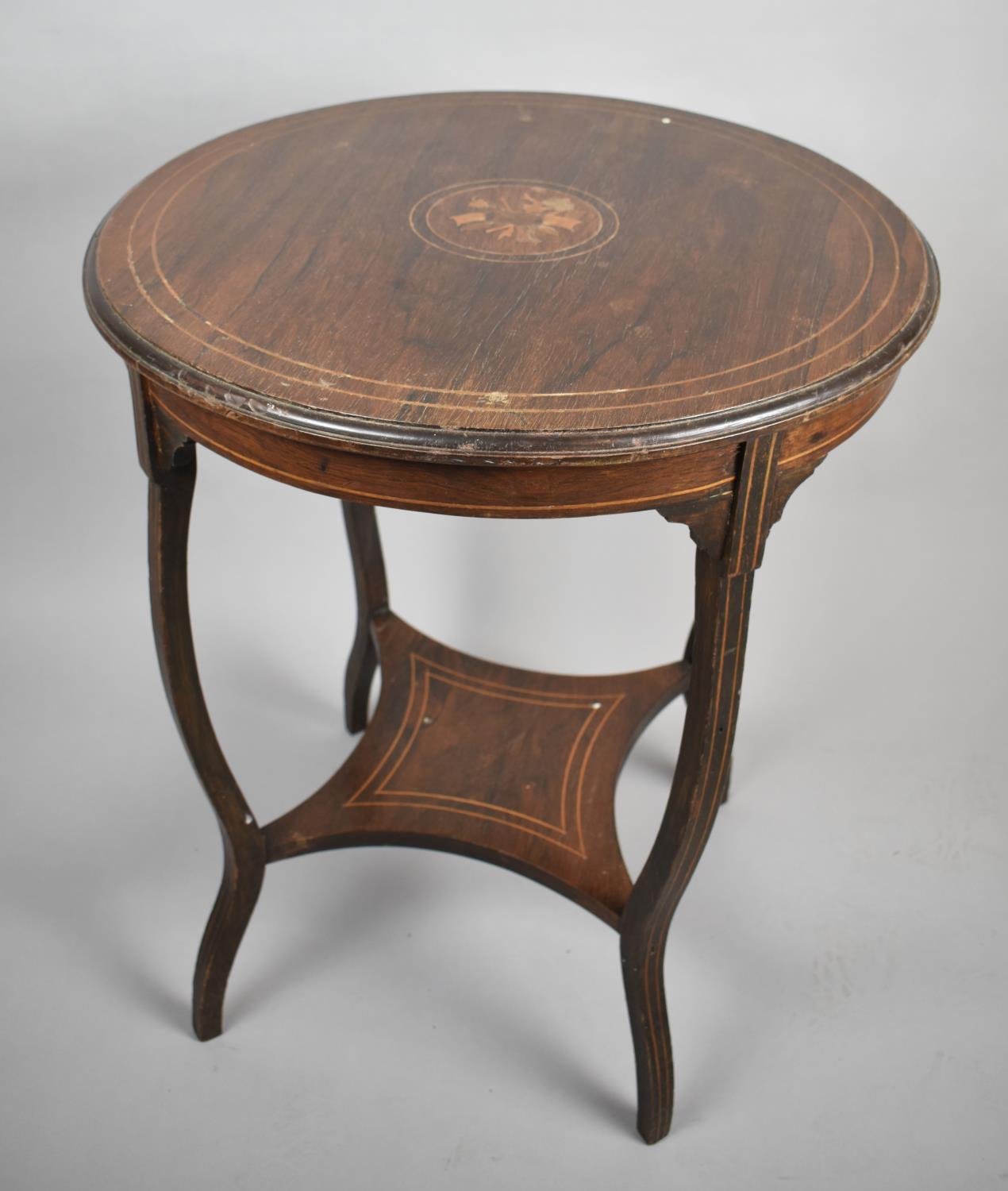 An Edwardian Inlaid Circular Table with Stretcher Shelf, Extended Cabriole Supports, 60cm Diameter