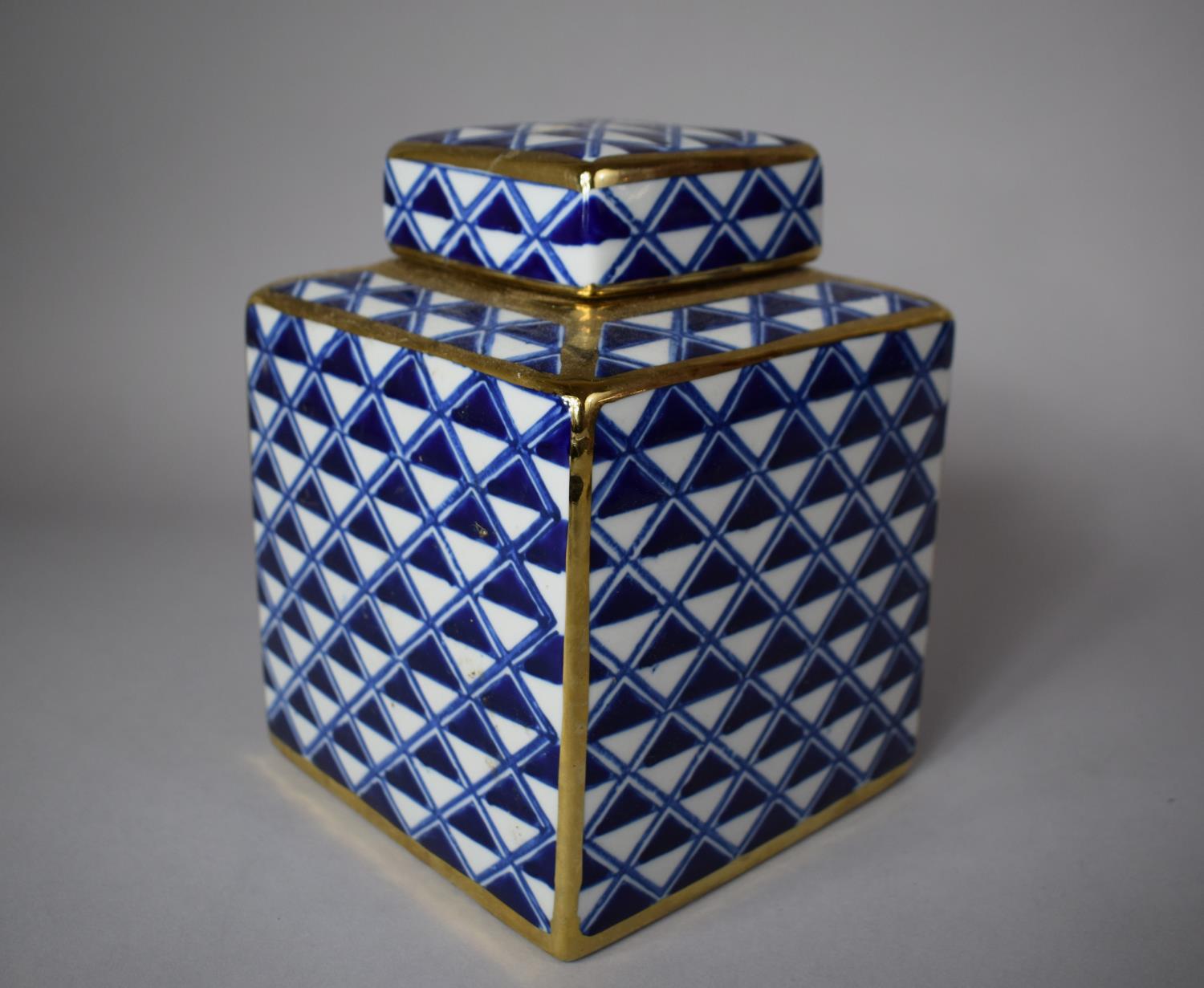 A Blue, White and Gilt Decorated Cubist Lidded Jar, 20cm High (Lid Glued) - Image 2 of 4