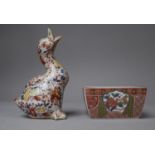 An Oriental Imari Decorated Study of a Duck, Signed to Base Together with a Imari Modern Bowl of
