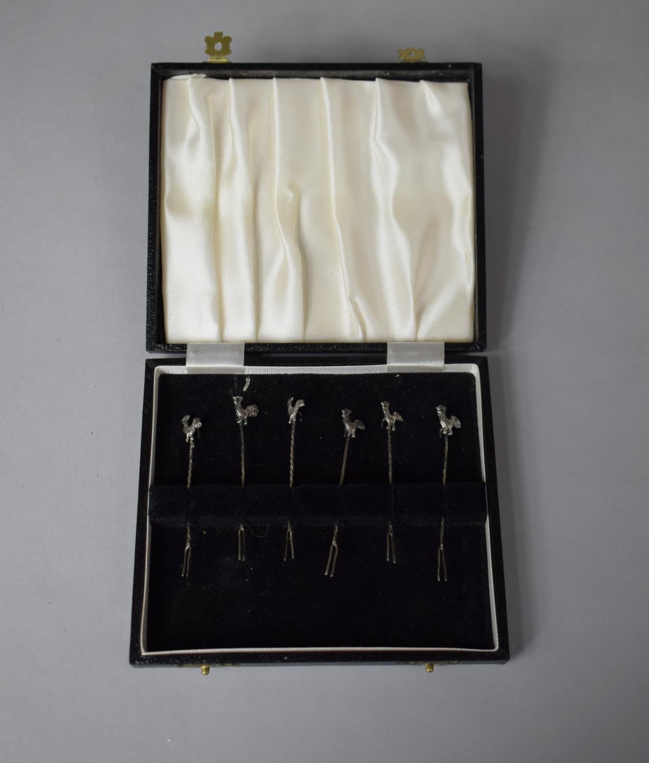 A Set of Six Silver Cocktail Sticks with Cockerel Finials, Stamped 925