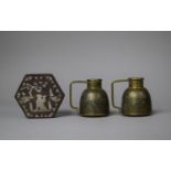 A Hexagonal Oriental Mother of Pearl Inlaid Box Together with a Pair of Brass Miniature Jugs with