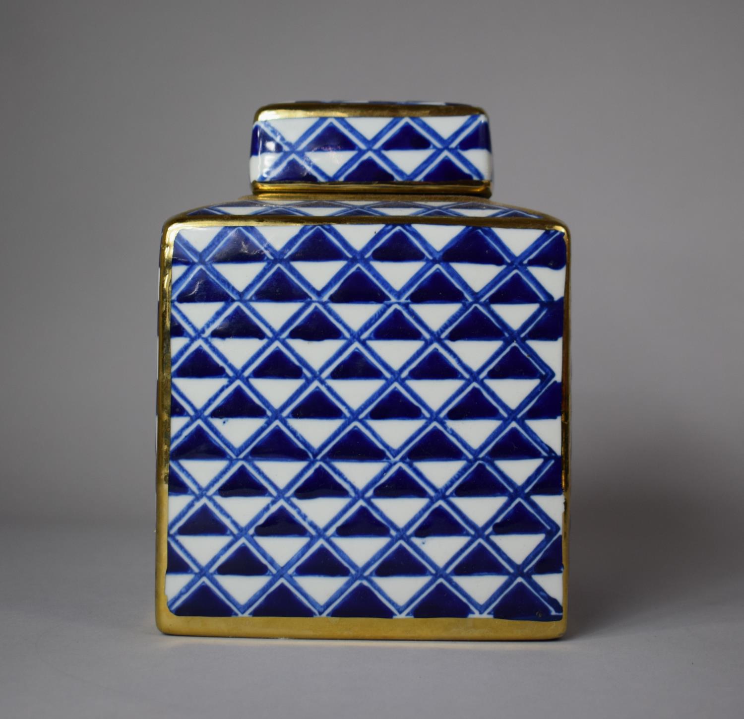 A Blue, White and Gilt Decorated Cubist Lidded Jar, 20cm High (Lid Glued)