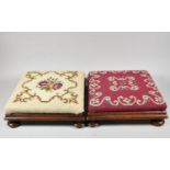 A Near Pair of Mahogany Framed Tapestry Upholstered Square Footstools, 32cm