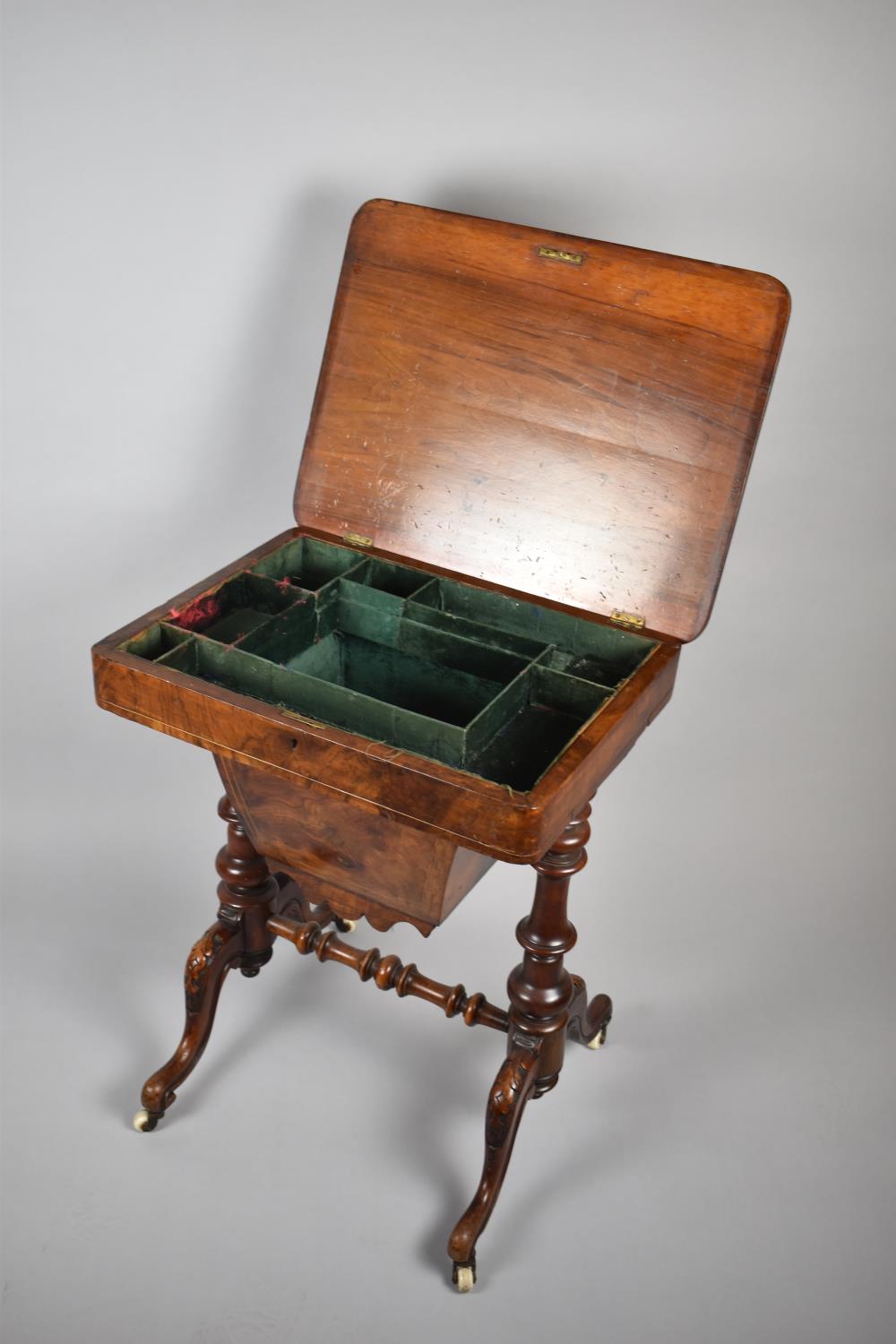 A Victorian String Inlaid Burr Walnut Ladies Work Table with Hinged Lid to Fitted Interior - Image 2 of 2