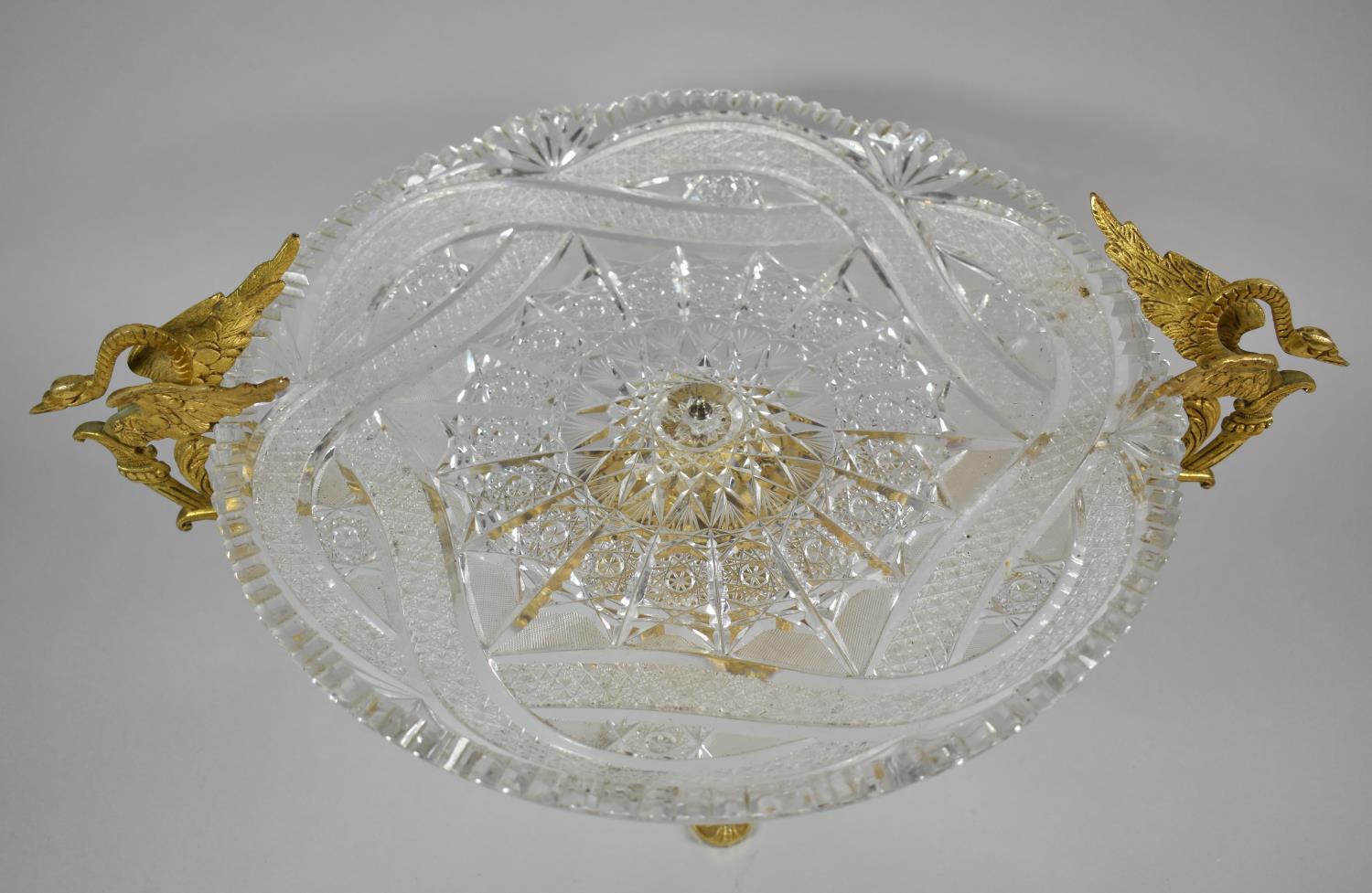 A Continental Gilt Metal and Cut Glass Table Centre Bowl with Stylised Swan Handles, Art Nouveau - Image 3 of 3