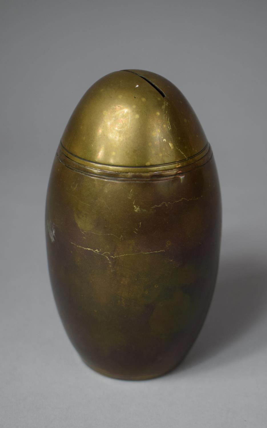 A Brass Trench Art Style Ovoid Money Box with Removable Lid, 14cm High - Image 2 of 3