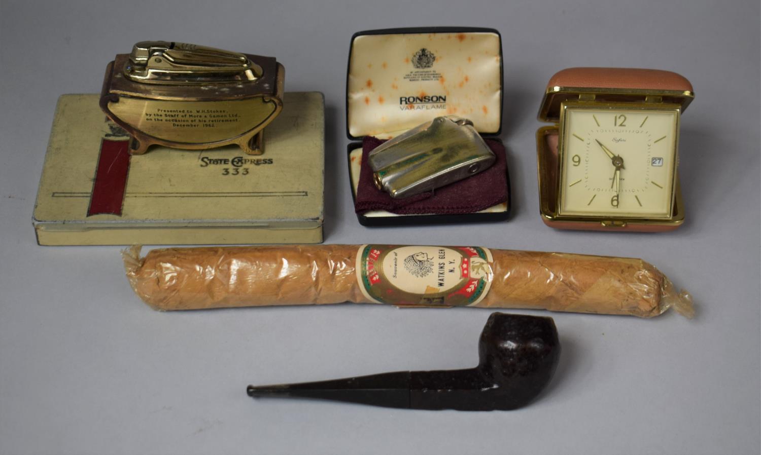 A Collection of Smoking Ephemera to Include State Express Tin, Briar Pipe, Presentation Table