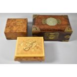 Three Various Boxes to Include Brass and Jadeite Mounted Oriental Example, Burr wood Box and