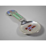 A Silver and Enamel Souvenir Tea Caddy Spoon with the Norwegian Flag and Long Ship, 925
