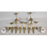 Two Brass Three Branch Ceiling Chandeliers and Collection of Wall Lights