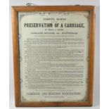 A Framed Printed Sign, "Useful Hints for the Proper Preservation of a Carriage", 49x33cm