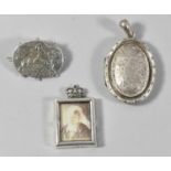 Three Silver Items to Comprise Large Locket, Silver Brooch and Miniature Photo Frame with Crown