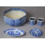 A Blue and White Octagonal Venice Pattern Bowl and Pair of Copeland Spode Candlesticks and Two Pin