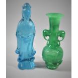 A Moulded Glass Figure of Guanyin and an Oriental Green Glass Vase with Twin Elephant Head