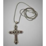 A Silver Celtic Cross, Inset with Garnets on a 30" Silver Chain, 6.5x4.5cm