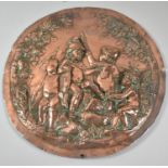 A Circular Pressed Copper Plaque Depicting Cherubs Dressed as Soldiers Under Oak Tree, 36cm Diameter