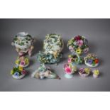 A Collection of Encrusted Floral Decorated China to Include Posy Ornaments, Cherub Support