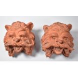A Pair of Vintage Terracotta Wall Hanging Planters in the Form of Mustachioed Lion Masks, Each