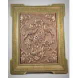 A Signed Hand Beaten Indian Copper Plaque Decorated with Birds and Flowers in Visakhapatnam Frame,