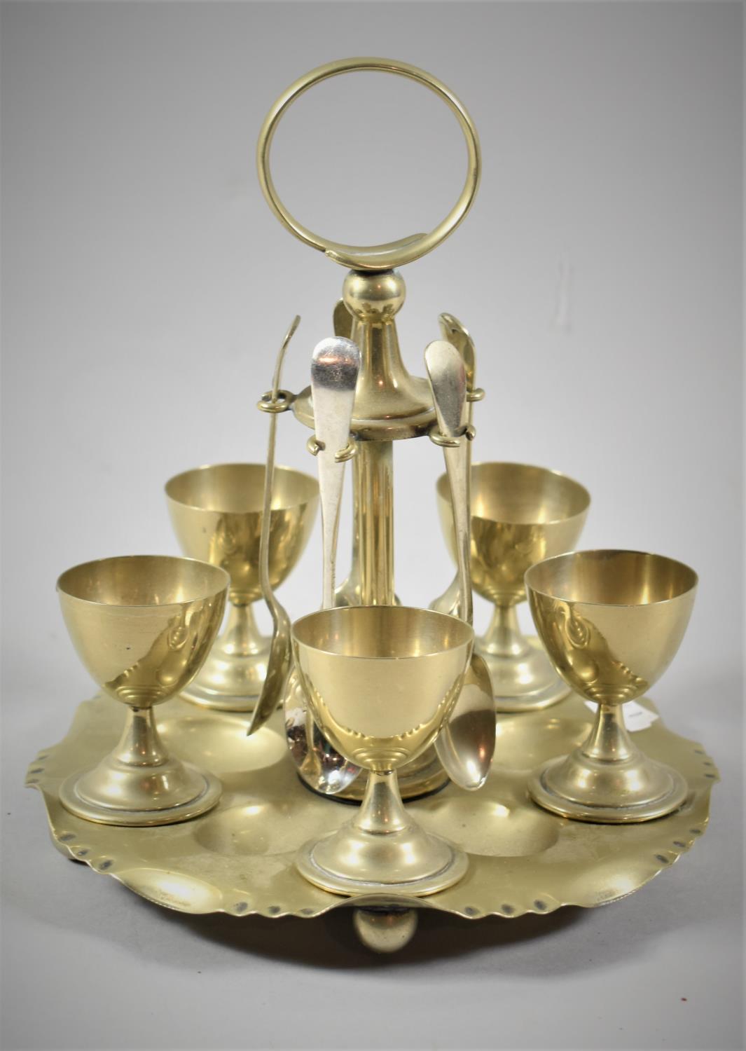 An Edwardian Silver Plated Five Piece Egg Cruet with Replacement Teaspoons, 22cm high