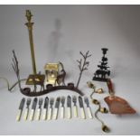 A Brass Table Lamp, Copper Coal Shovel, Metal Candle Stick etc