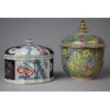 A Lidded Chintz and Gilt Circular Pot Together with a Cobalt Blue and Gilt Portuguese Oval Pot